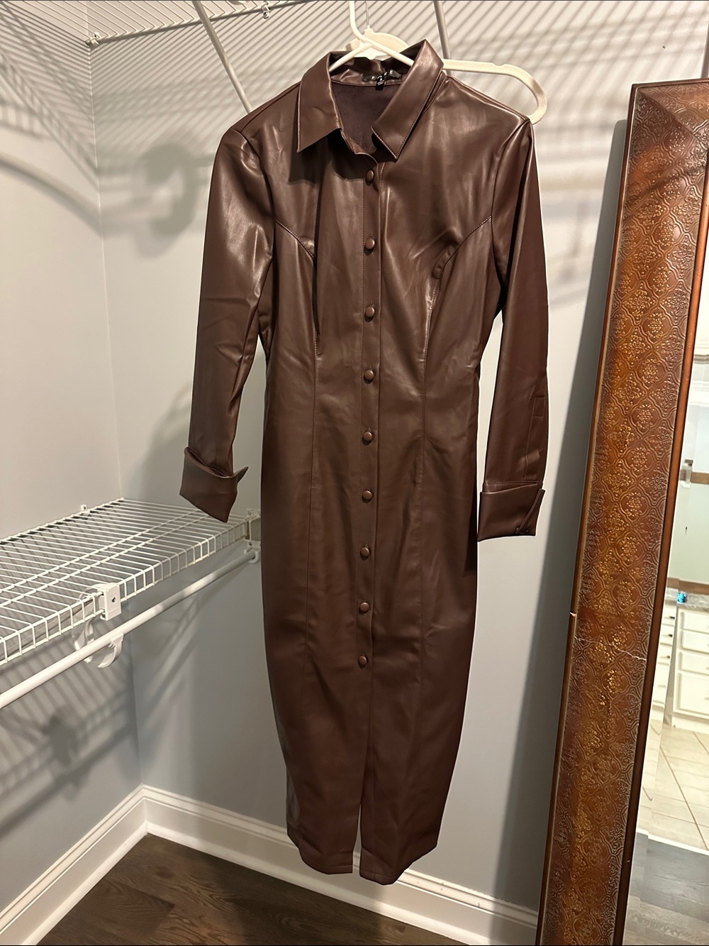 Brown Faux Leather Button-Front Midi Dress